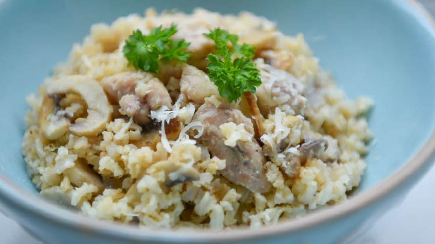 Chicken and mushroom risotto with kale pesto
